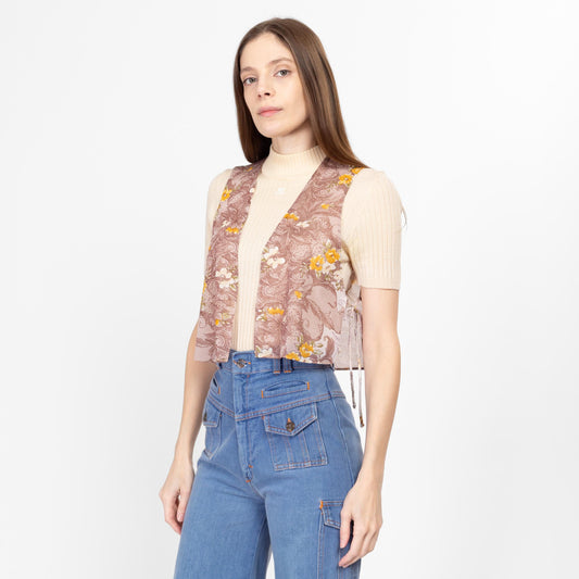 Sm-Med 70s Sheer Mauve Floral Crop Top | Vintage Boho Sleeveless Side Tie Open Front Cropped Blouse