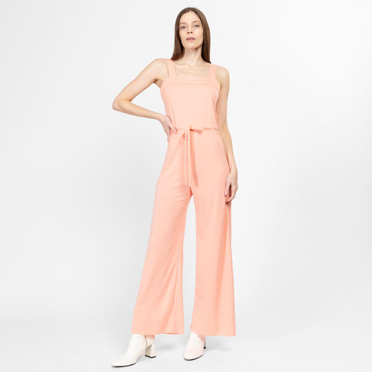 Small 70s Peach Pink Sleeveless Jumpsuit | Retro Vintage Flared Leg Disco Pantsuit