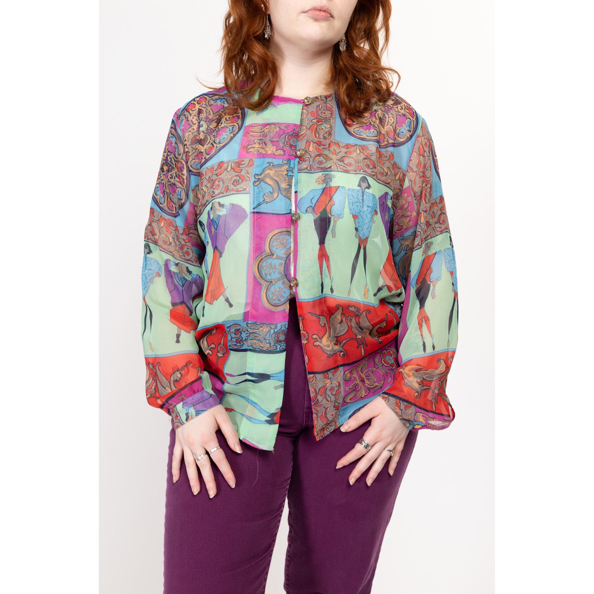 XL 90s Sheer Novelty Glam Women Print Blouse | Vintage Baroque Long Sleeve Button Up Top