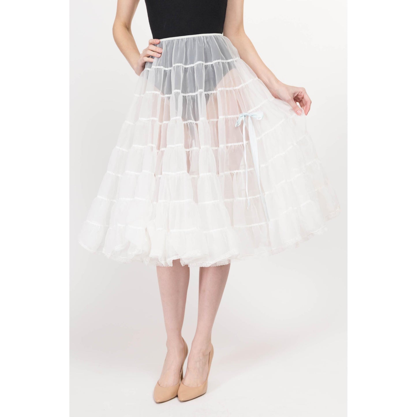 Sm-Med 70s Sheer White Crinoline Petticoat | Vintage Blue Satin Bow Costume Tiered Midi Skirt