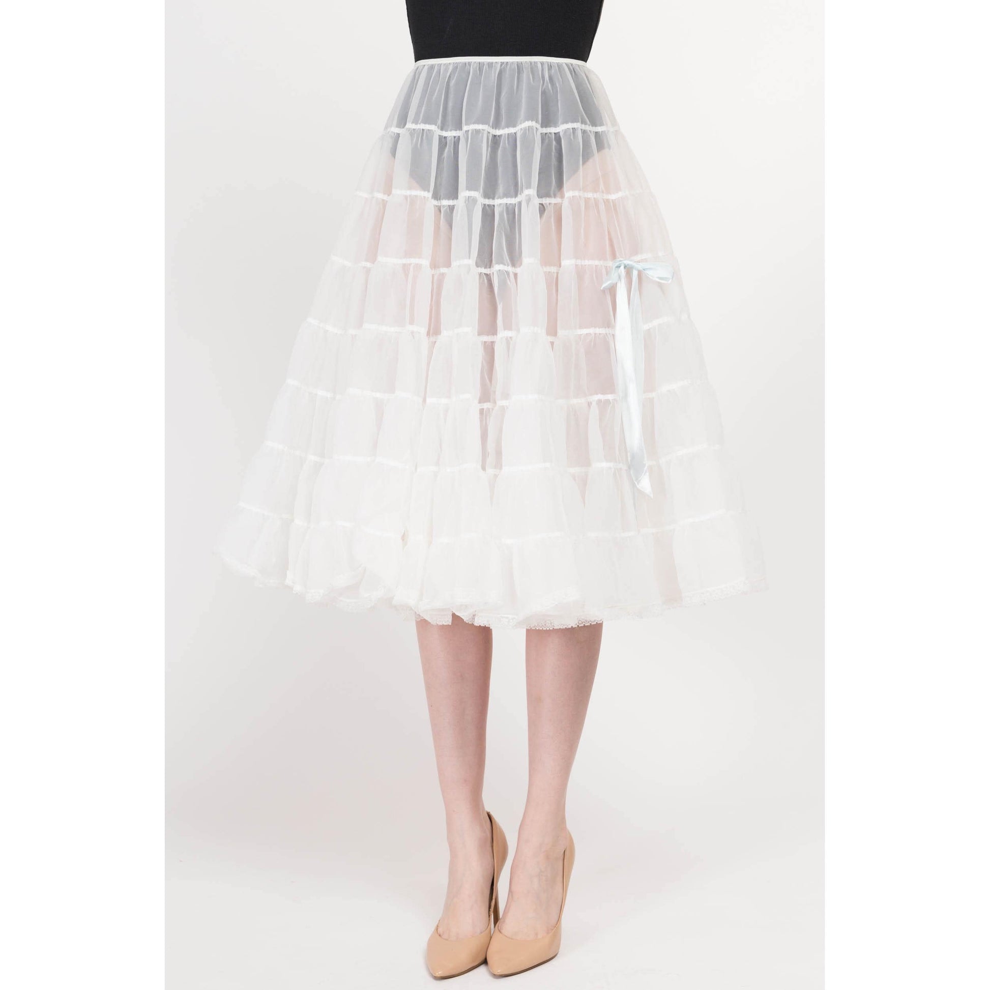 Sm-Med 70s Sheer White Crinoline Petticoat | Vintage Blue Satin Bow Costume Tiered Midi Skirt