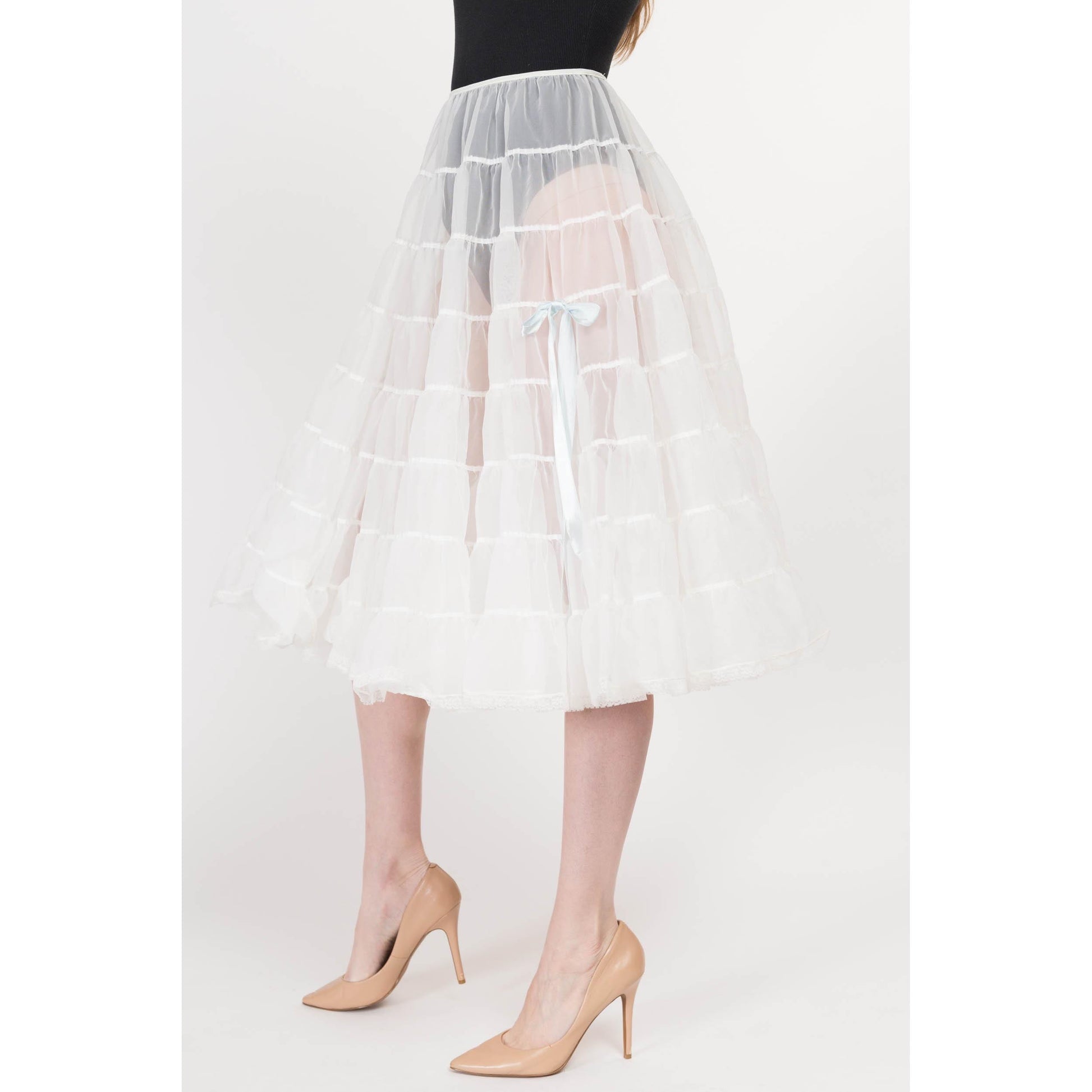 Sm-Med 70s Sheer White Crinoline Petticoat | Vintage Blue Satin Bow Costume Tiered Midi Skirt