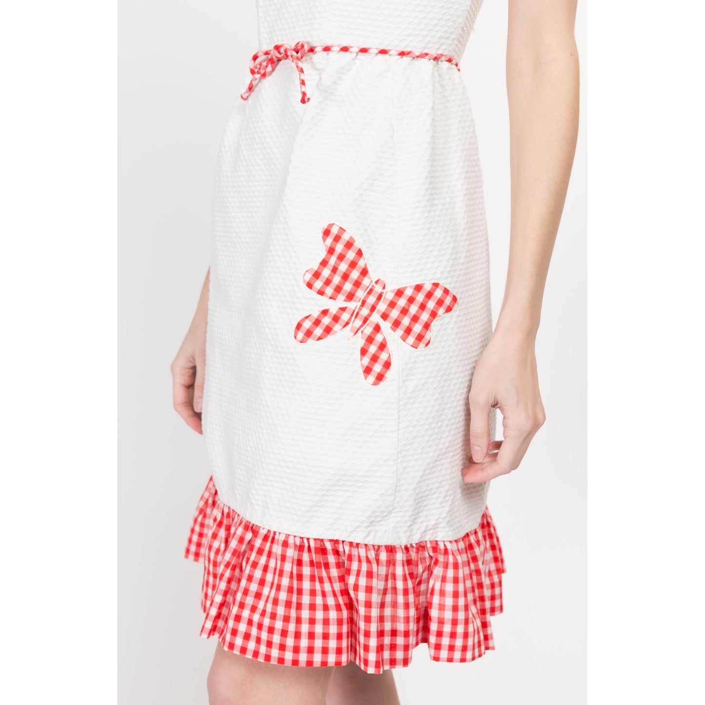 XS 60s White & Red Gingham Butterfly Mini Dress | Retro Vintage A Line Girly Ruffle Trim Dress