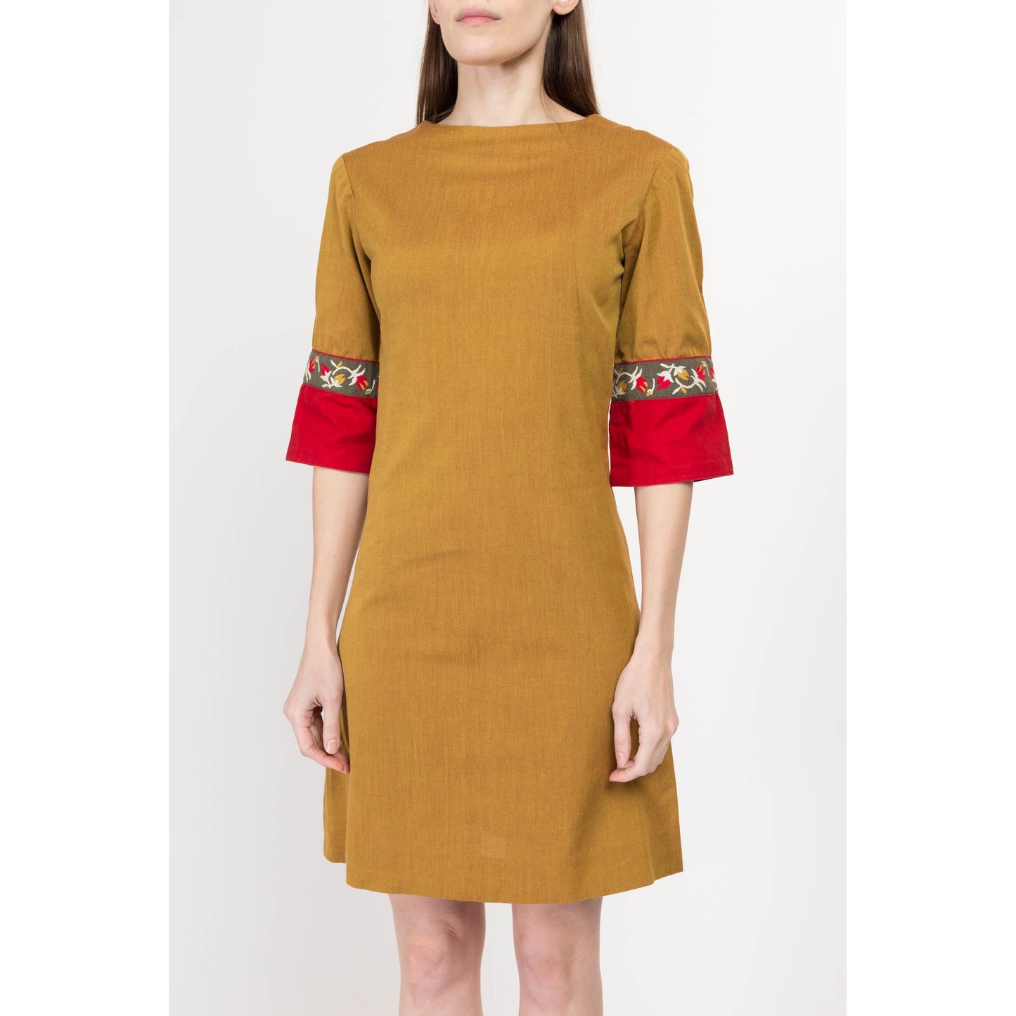 XS 60s Ochre Bell Sleeve Hippie Mini Dress | Boho Vintage Half Sleeve Shift Dress