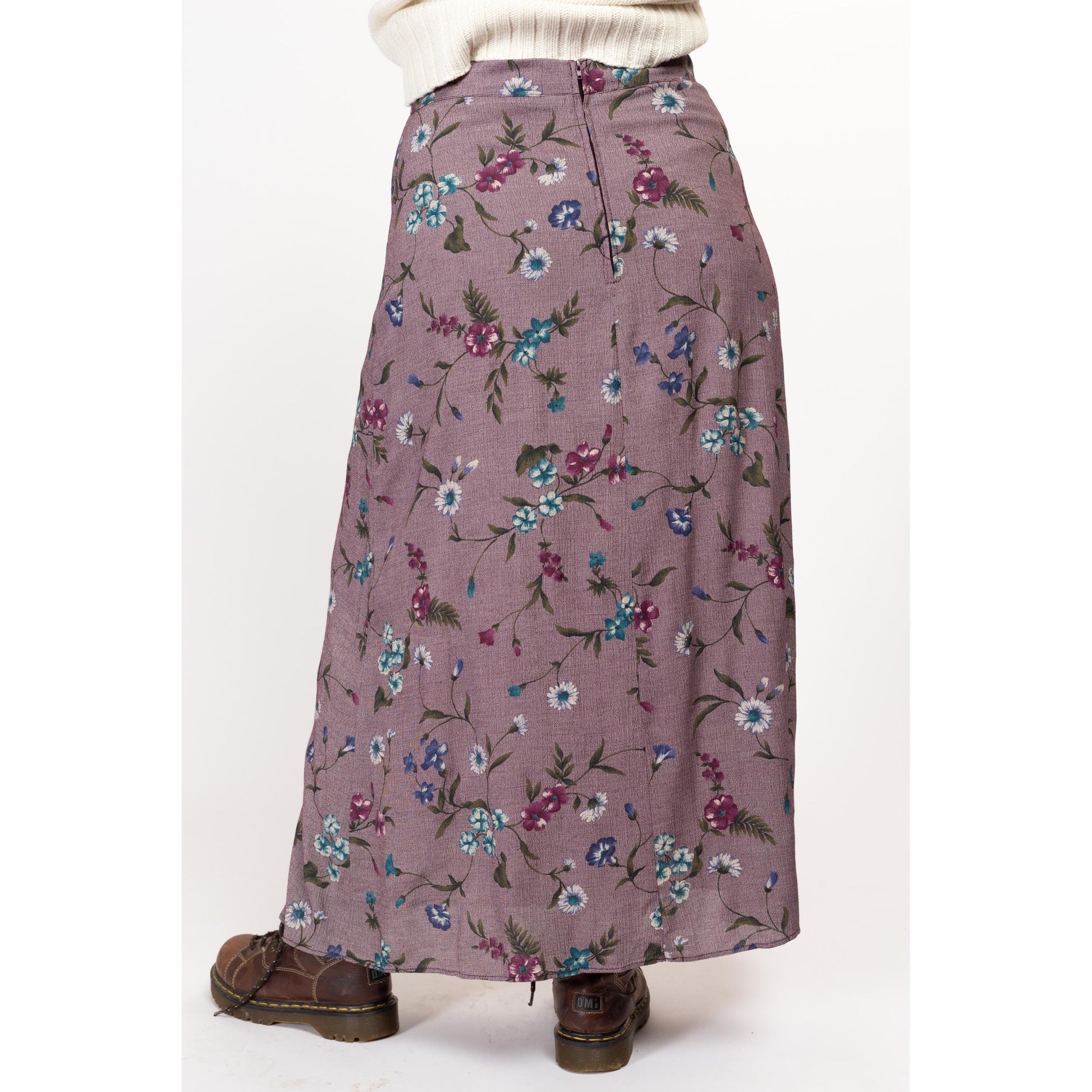 Large 90s Purple Painted Floral Maxi Skirt 33" | Vintage Grunge A Line Ankle Length Skirt