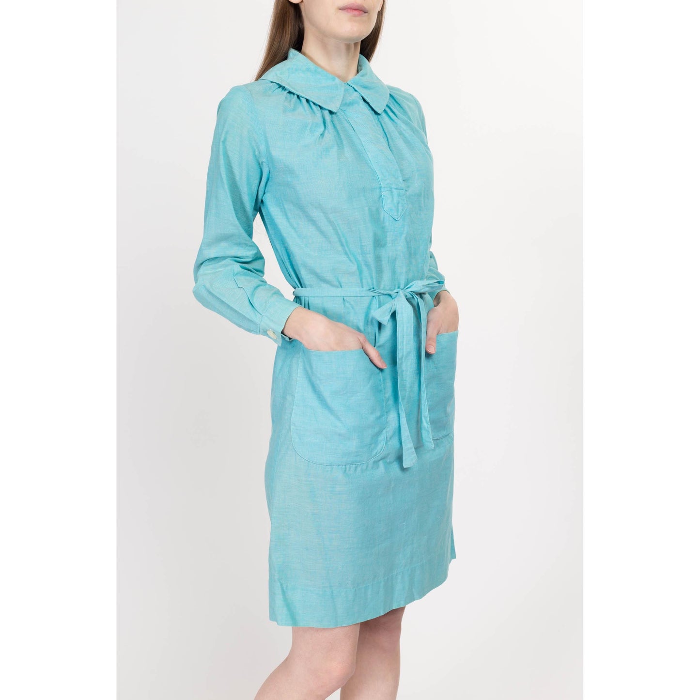 XS-Sm 60s Sky Blue Belted Mini Smock Dress | Vintage Long Sleeve Collared Pocket Dress