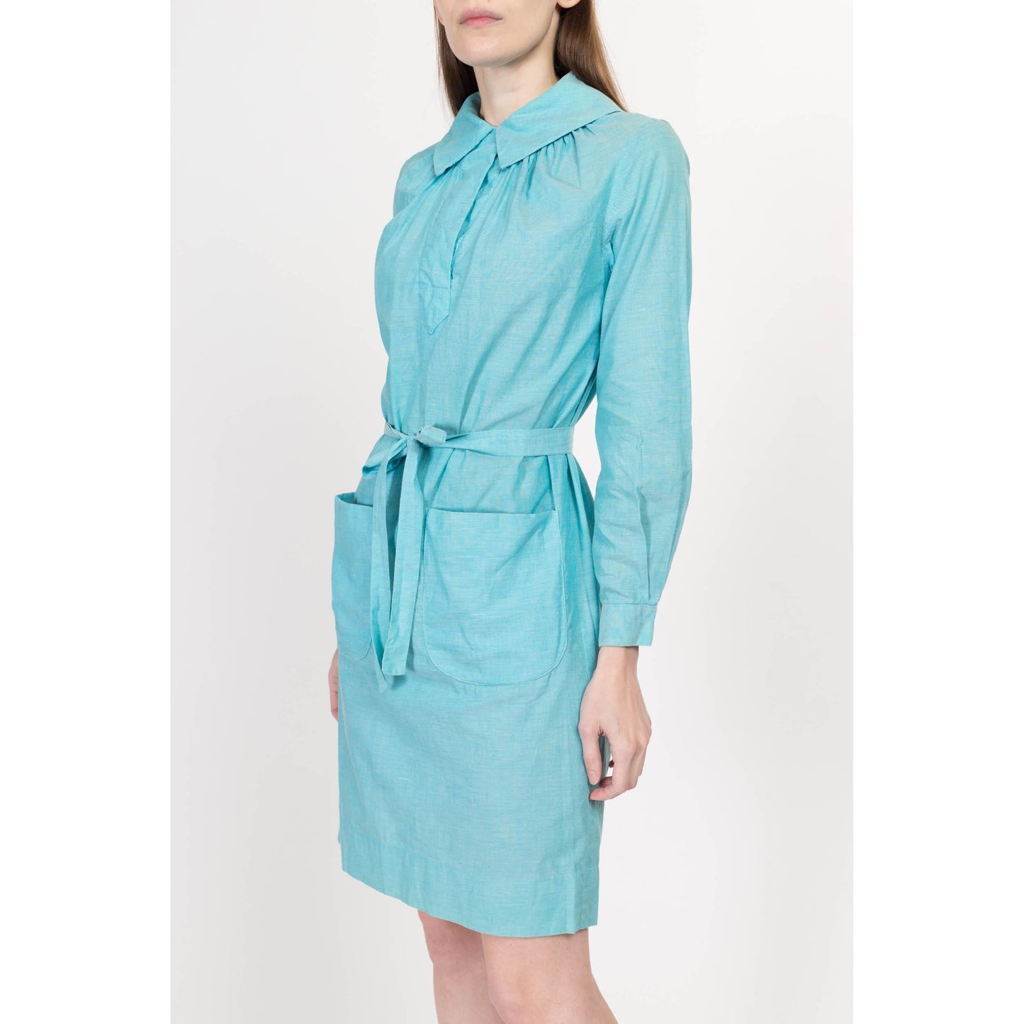 XS-Sm 60s Sky Blue Belted Mini Smock Dress | Vintage Long Sleeve Collared Pocket Dress