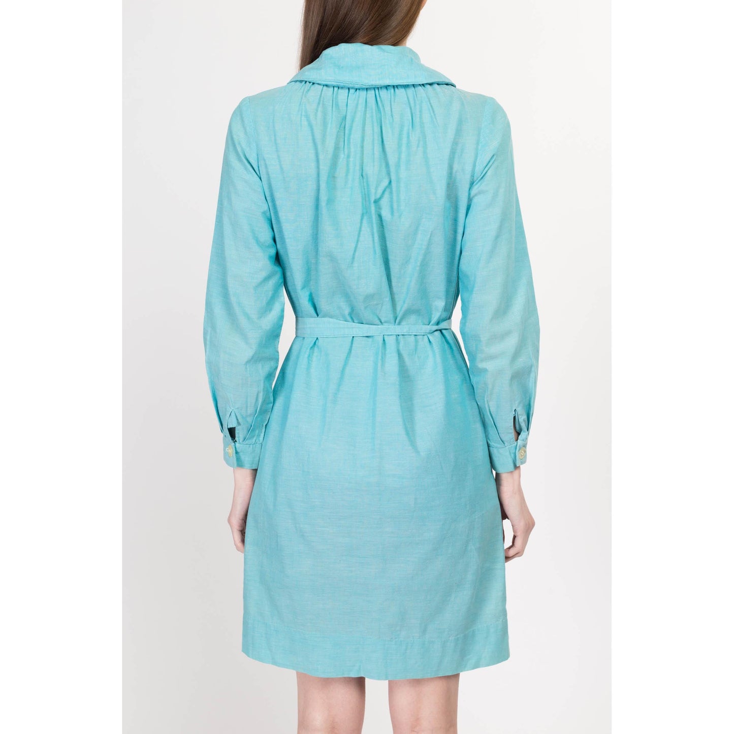 XS-Sm 60s Sky Blue Belted Mini Smock Dress | Vintage Long Sleeve Collared Pocket Dress