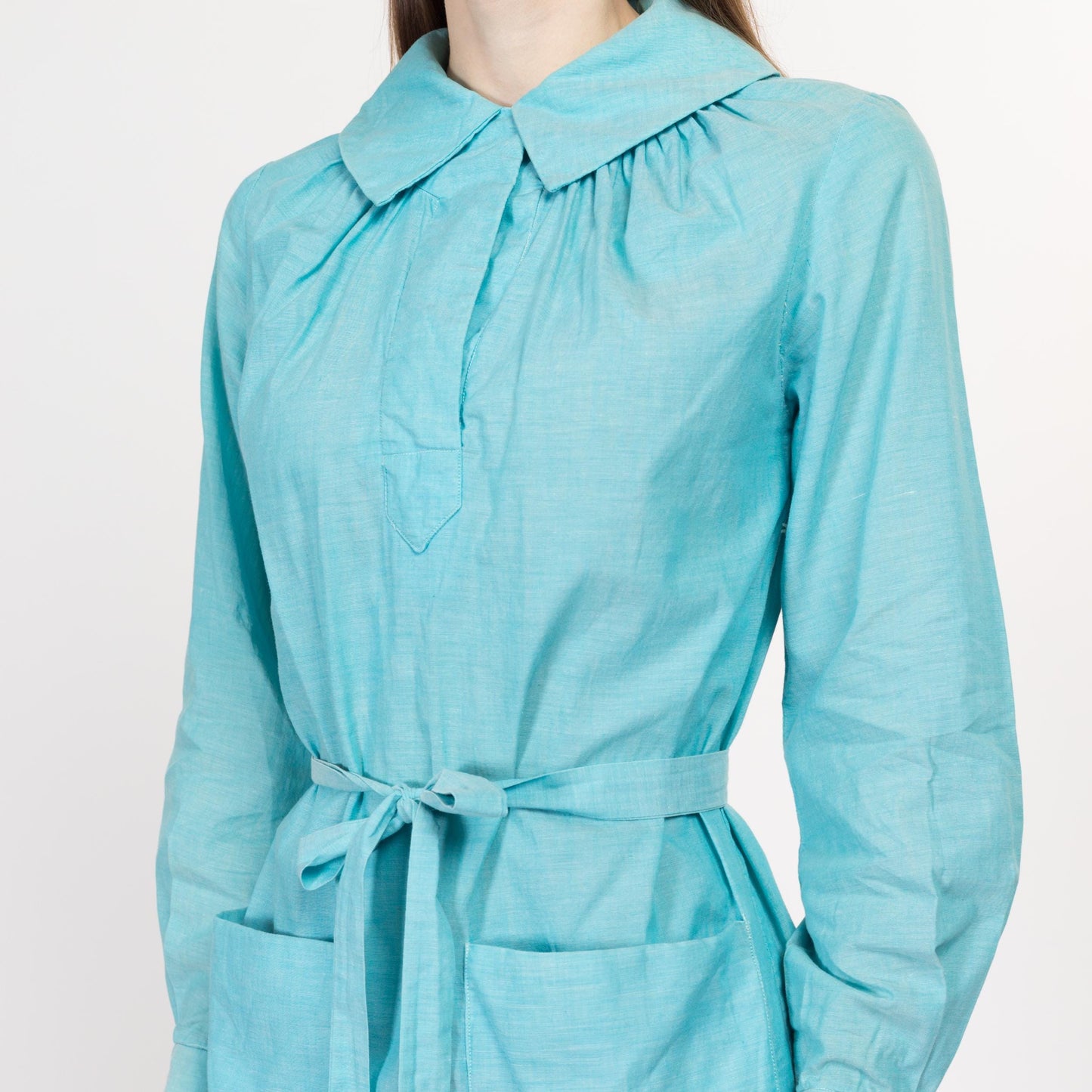 XS-Sm 60s Sky Blue Belted Mini Smock Dress | Vintage Long Sleeve Collared Pocket Dress