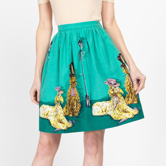 XS 60s Dapper Dog Novelty Print Mini Skirt 25" | Retro Vintage Teal Cute Animal Skirt