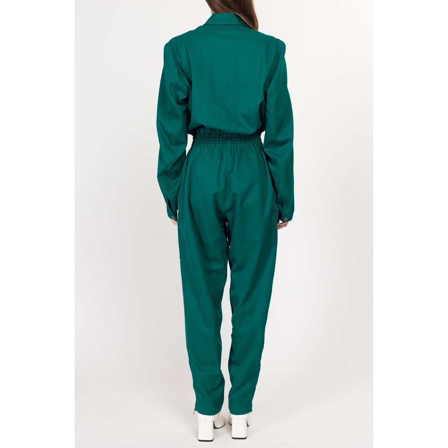 Medium 90s Emerald Green Coverall Jumpsuit | Vintage Elastic Waist Boilersuit Long Sleeve Workwear Pantsuit