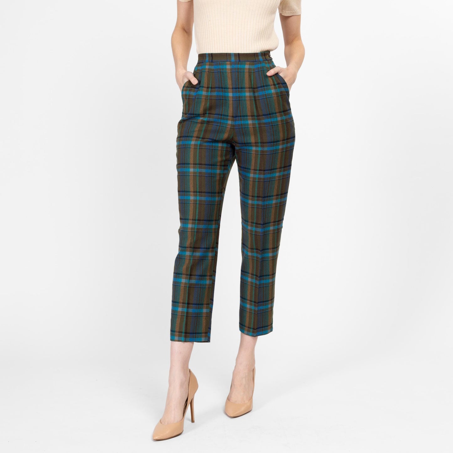 XS 40s 50s Jantzen Plaid Wool Side Zip Cigarette Pants 25" | Retro Vintage Green Blue Tapered Leg High Waisted Trousers