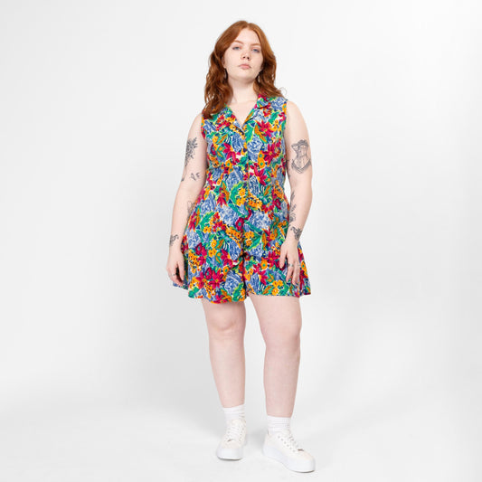 Large 90s Colorful Floral Wide Leg Romper | Vintage Collared Button Up Sleeveless Playsuit