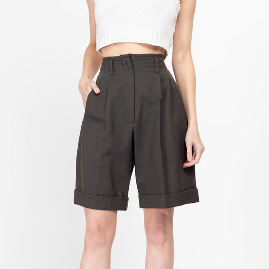 Small 90s Dark Grey Wool Trouser Shorts 26" | Vintage High Waisted Pleated Cuffed Long Shorts