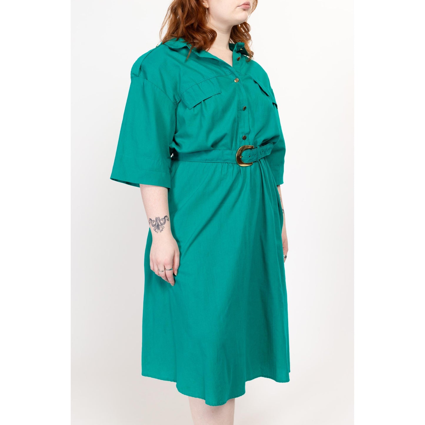 XL 90s Turquoise Belted Lightweight Midi Shirtdress | Vintage Button Up Collared 3/4 Sleeve Fit & Flare Dress