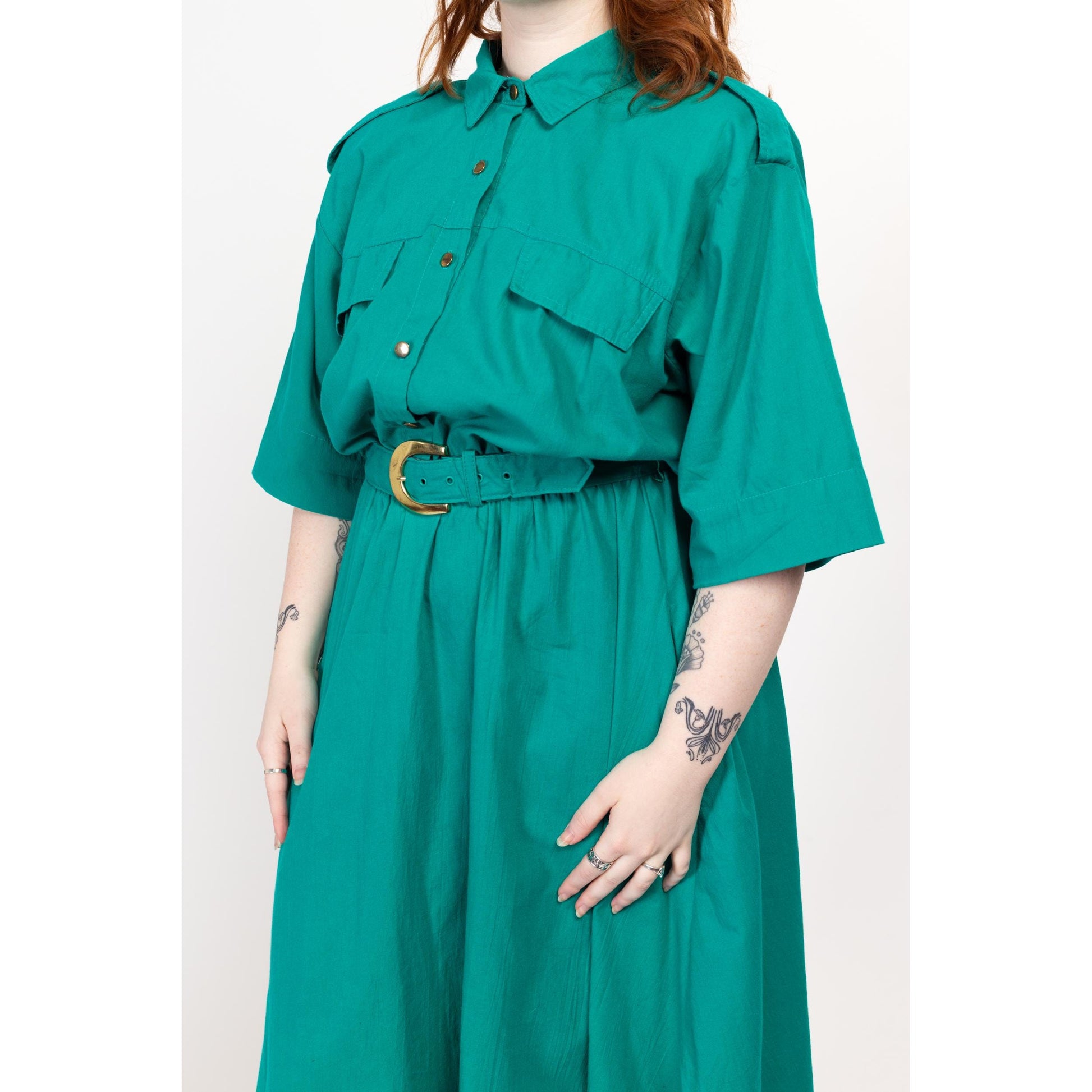 XL 90s Turquoise Belted Lightweight Midi Shirtdress | Vintage Button Up Collared 3/4 Sleeve Fit & Flare Dress