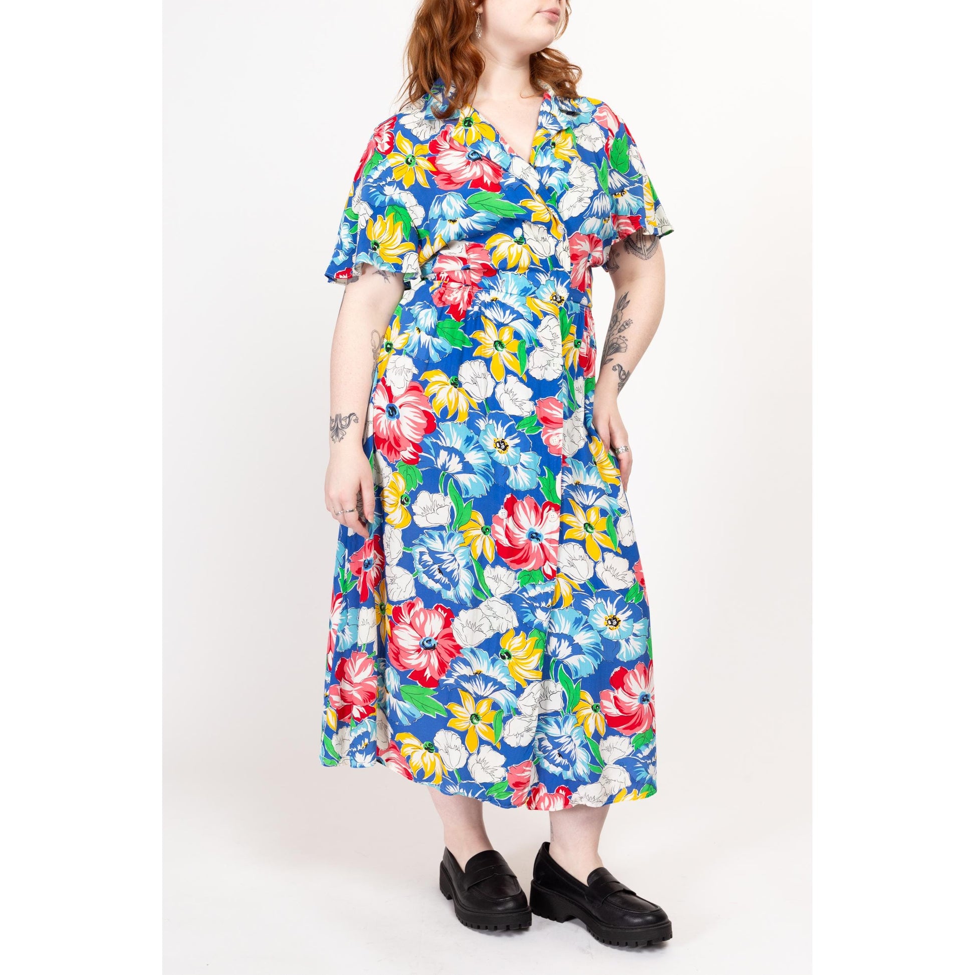 Large 80s Colorful Floral Lightweight Maxi Shirtdress | Vintage Button Up Collared Short Sleeve Casual Dress