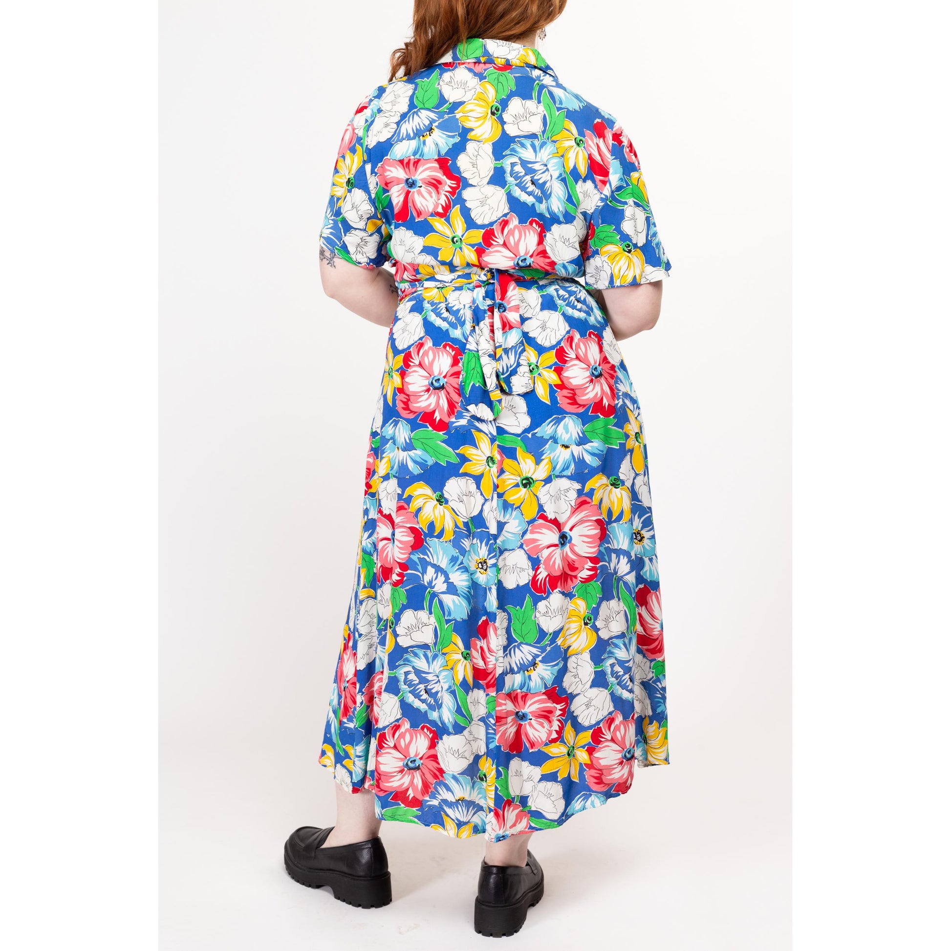 Large 80s Colorful Floral Lightweight Maxi Shirtdress | Vintage Button Up Collared Short Sleeve Casual Dress