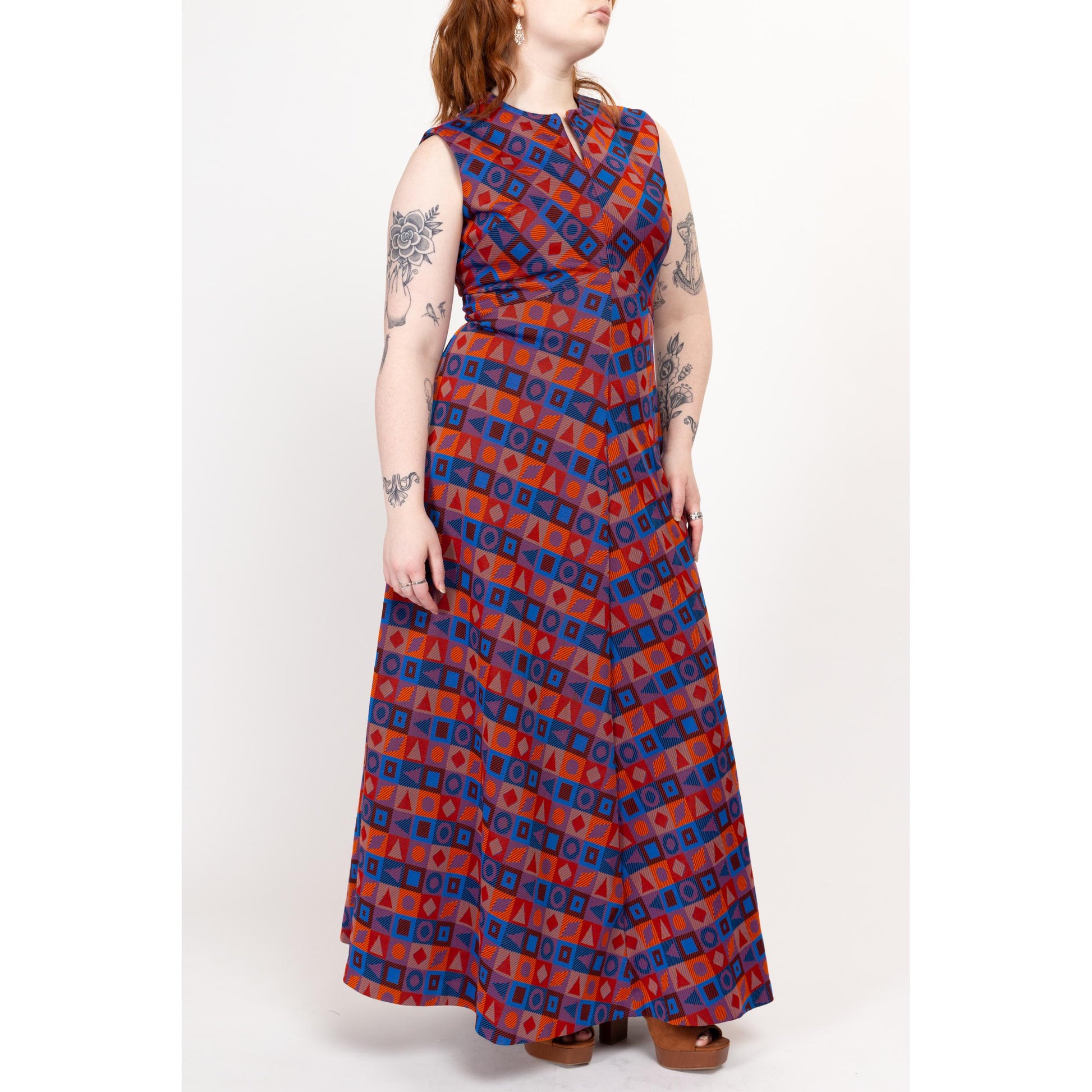 Large 70s Blue & Red Geometric Striped Psychedelic Maxi Dress | Vintage Abstract Sleeveless Hostess Party Dress