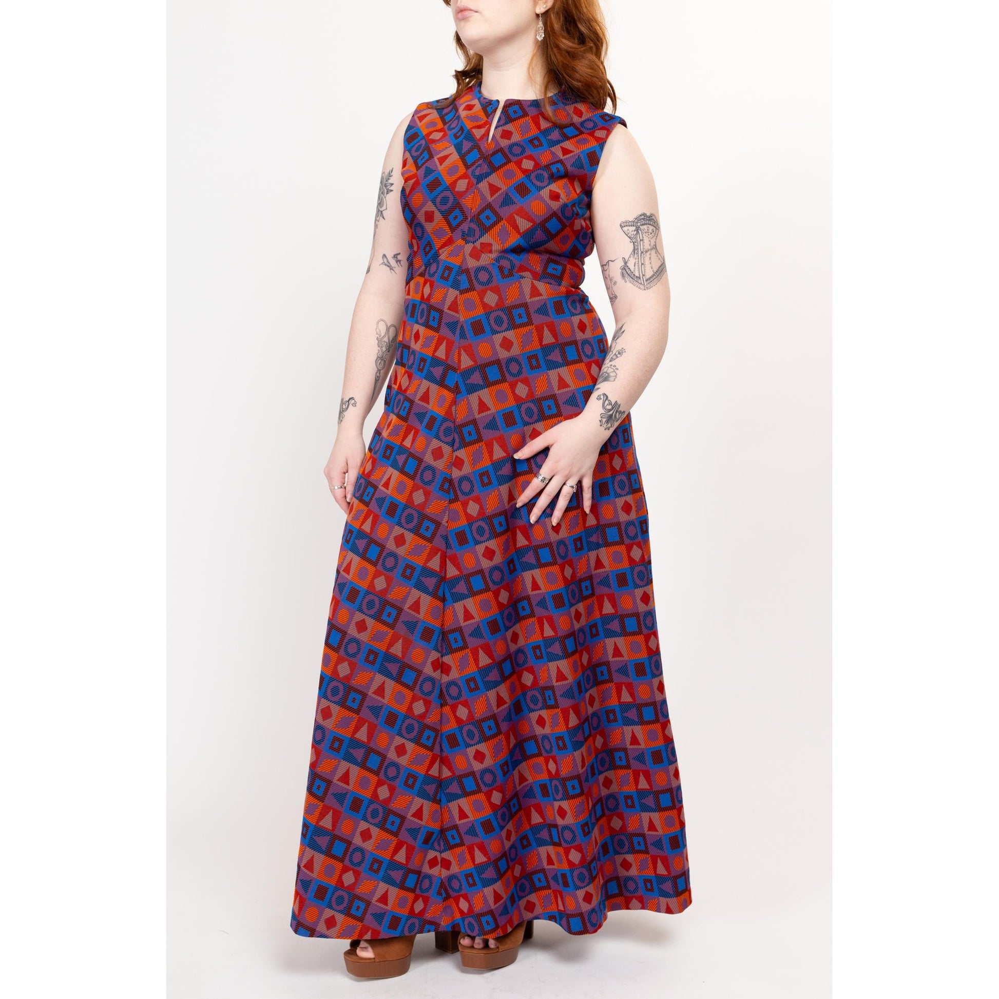 Large 70s Blue & Red Geometric Striped Psychedelic Maxi Dress | Vintage Abstract Sleeveless Hostess Party Dress