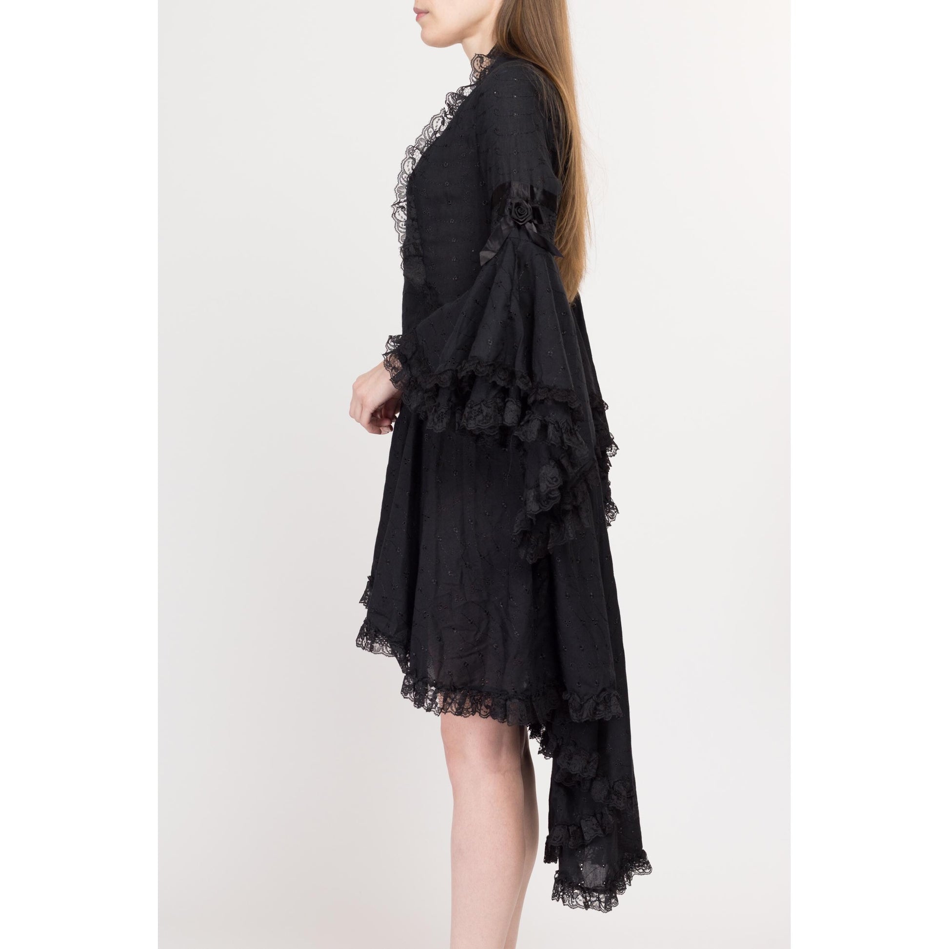 XS-Sm Y2K Black Lace Gothic Princess Angel Sleeve Dress | Vintage High-Low Hem Medieval Whimsigoth Mini Dress