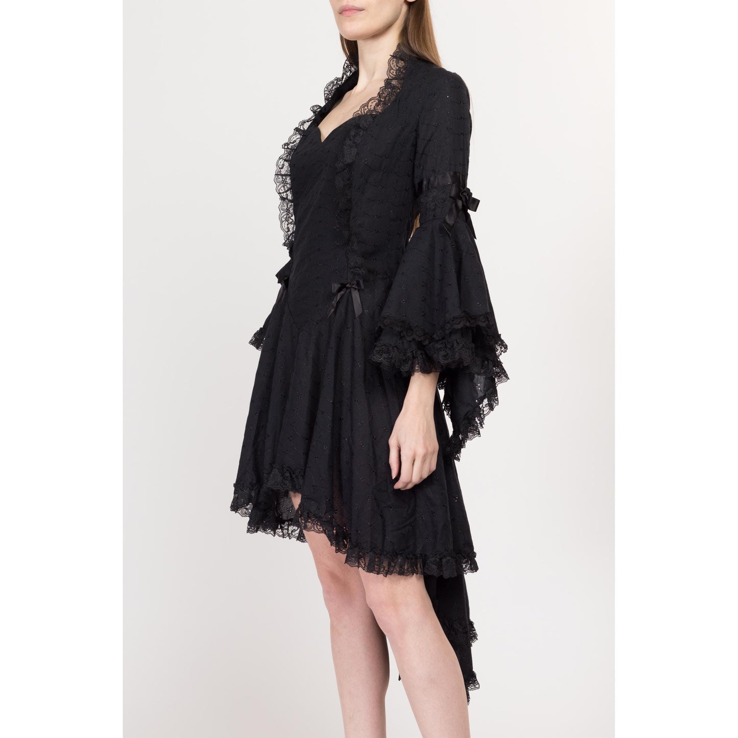 XS-Sm Y2K Black Lace Gothic Princess Angel Sleeve Dress | Vintage High-Low Hem Medieval Whimsigoth Mini Dress