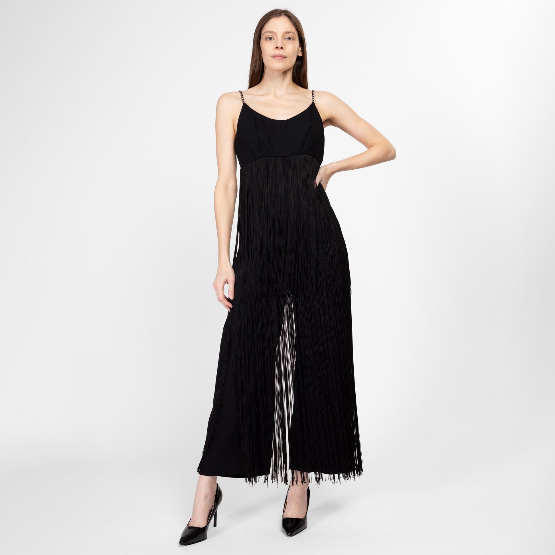 XS-Sm 60s 70s Black Fringe Palazzo Jumpsuit | Vintage Jeweled Spaghetti Strap Low Back Disco Pantsuit