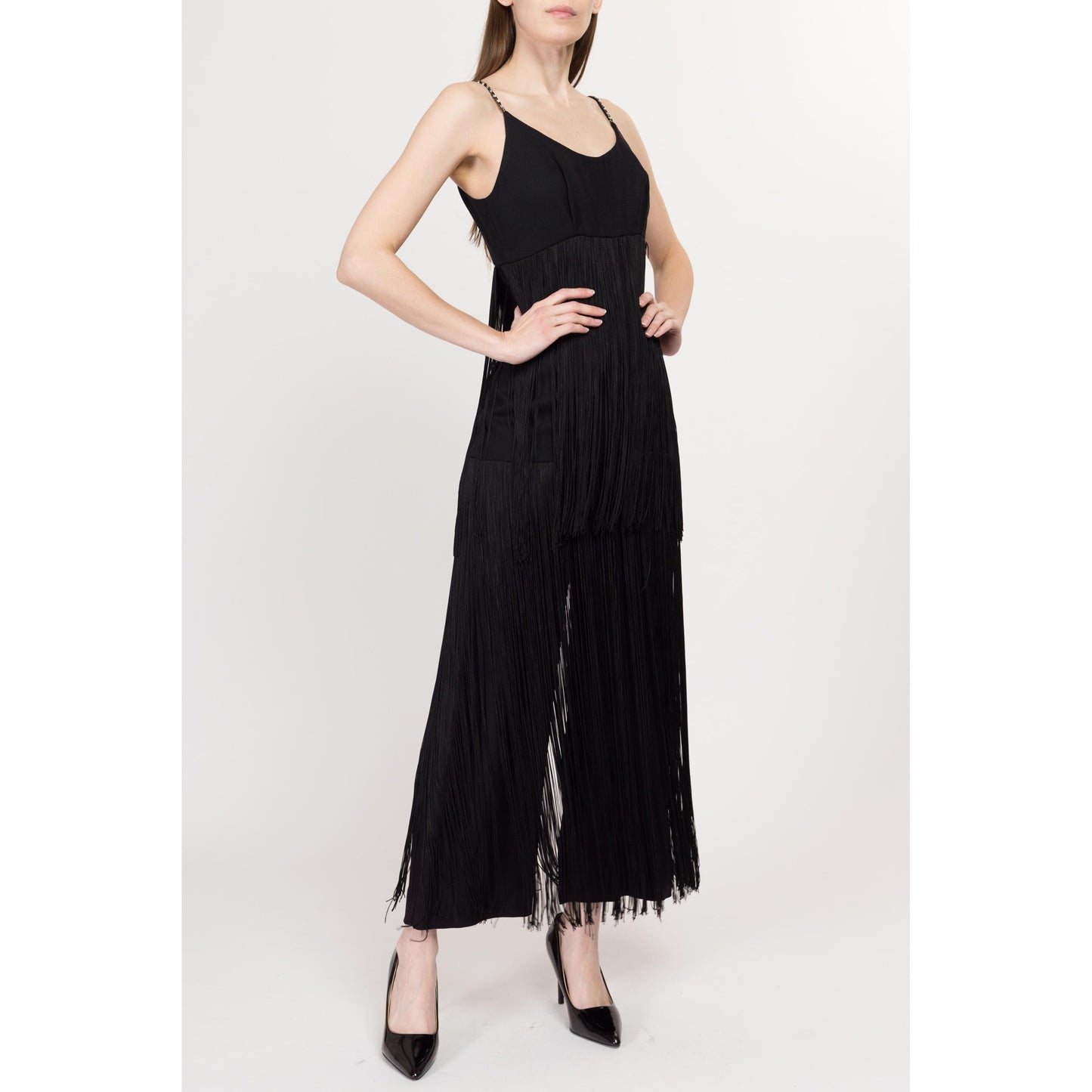 XS-Sm 60s 70s Black Fringe Palazzo Jumpsuit | Vintage Jeweled Spaghetti Strap Low Back Disco Pantsuit