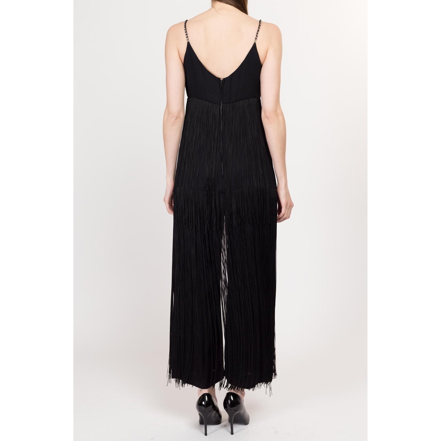 XS-Sm 60s 70s Black Fringe Palazzo Jumpsuit | Vintage Jeweled Spaghetti Strap Low Back Disco Pantsuit