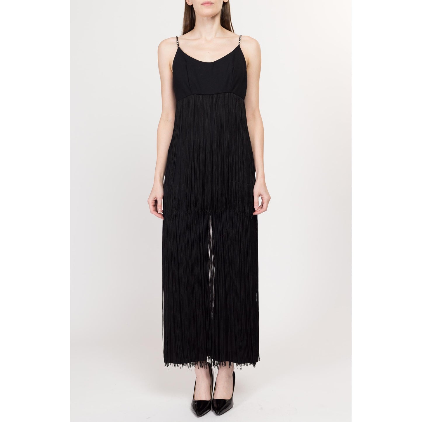 XS-Sm 60s 70s Black Fringe Palazzo Jumpsuit | Vintage Jeweled Spaghetti Strap Low Back Disco Pantsuit