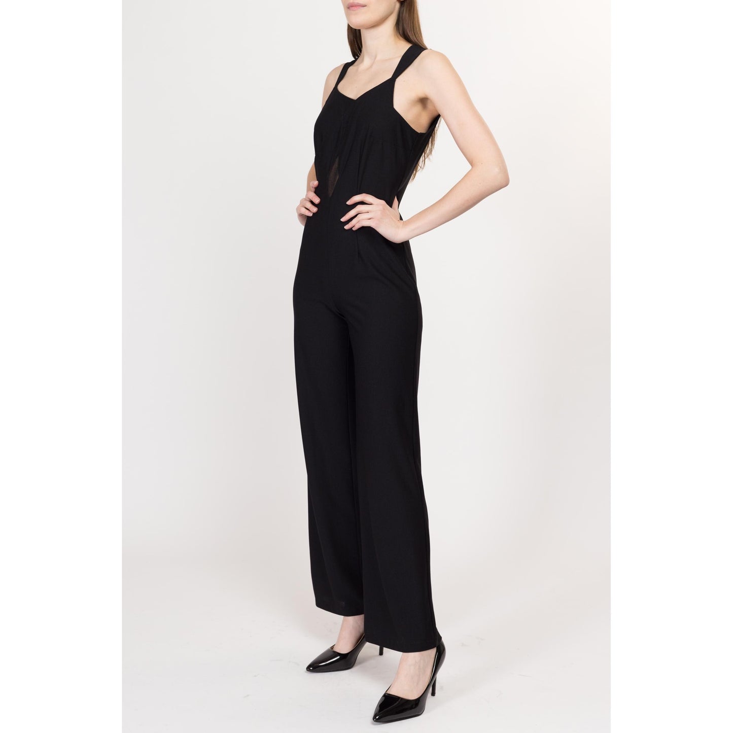 Small 90s Black Sheer Keyhole Jumpsuit | Vintage Asymmetrical Neckline Sleeveless Formal Pantsuit