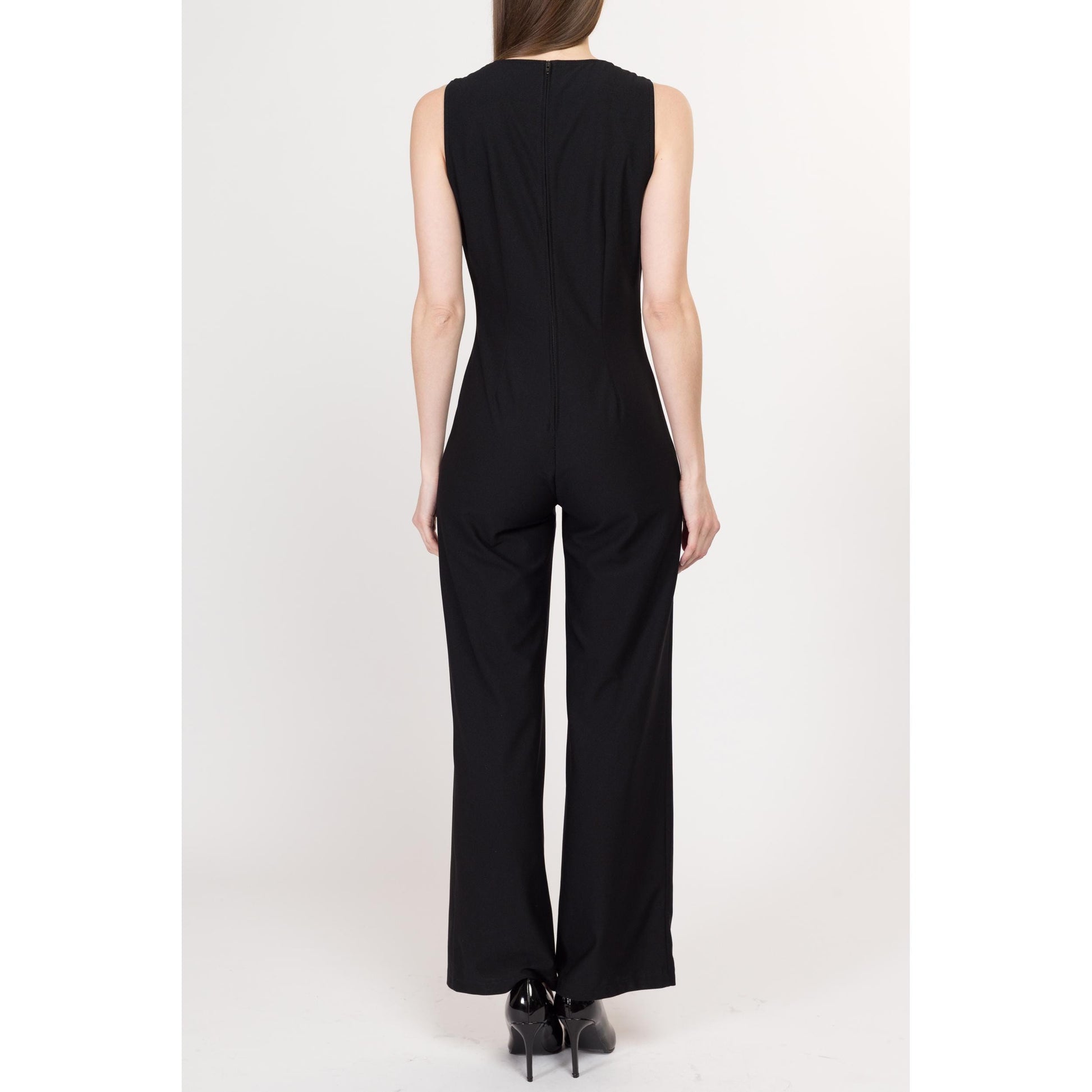 Small 90s Black Sheer Keyhole Jumpsuit | Vintage Asymmetrical Neckline Sleeveless Formal Pantsuit