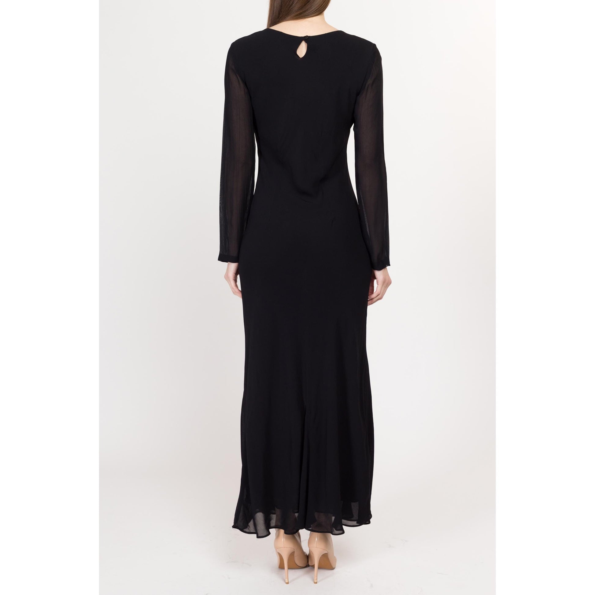 Medium 80s Black Bias Cut Long Sleeve Maxi Dress | Vintage Sheer Sleeve Formal Party Gown