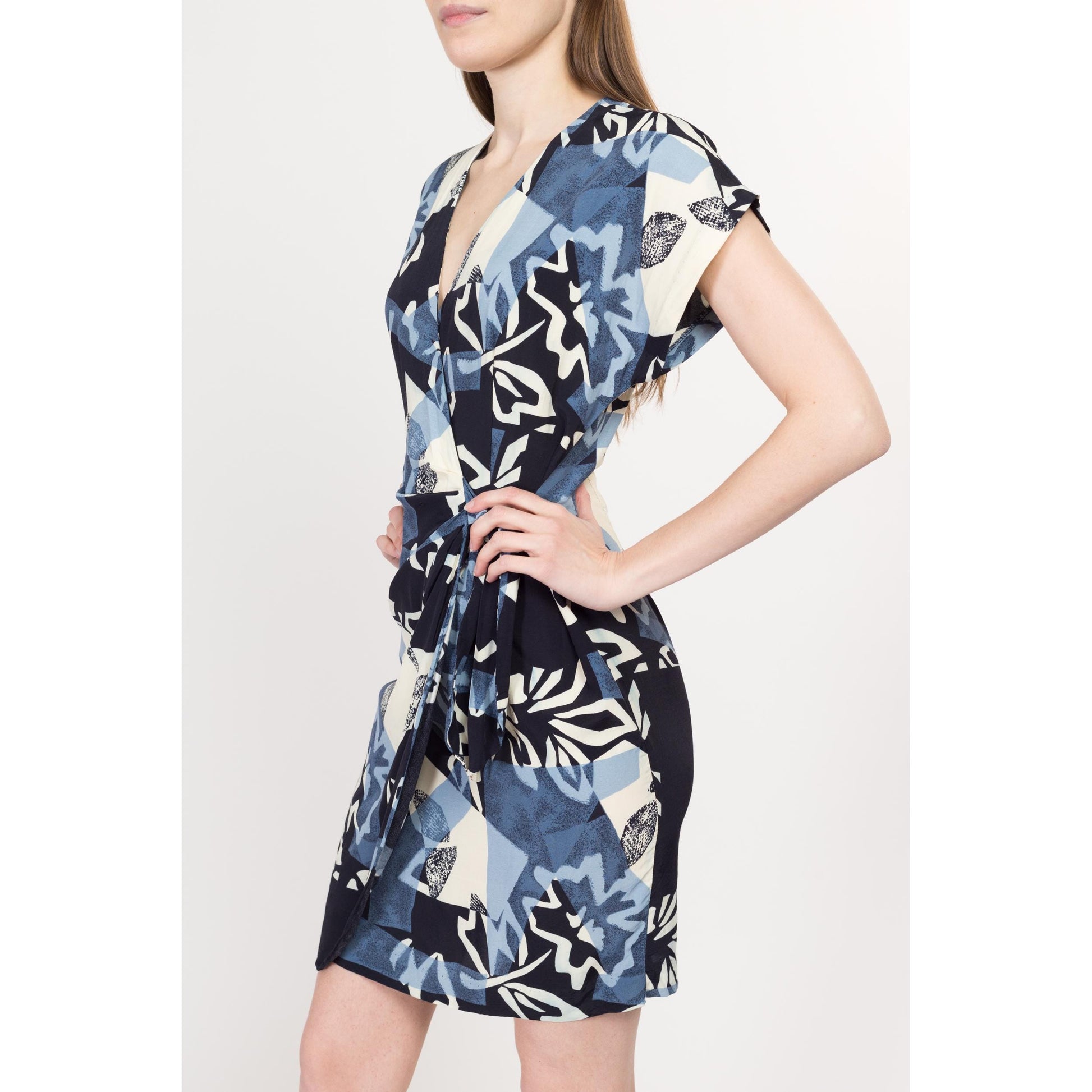 XS-Sm 80s Blue Tropical Floral Mini Wrap Dress | Vintage Boho Fitted Front Tie Sundress