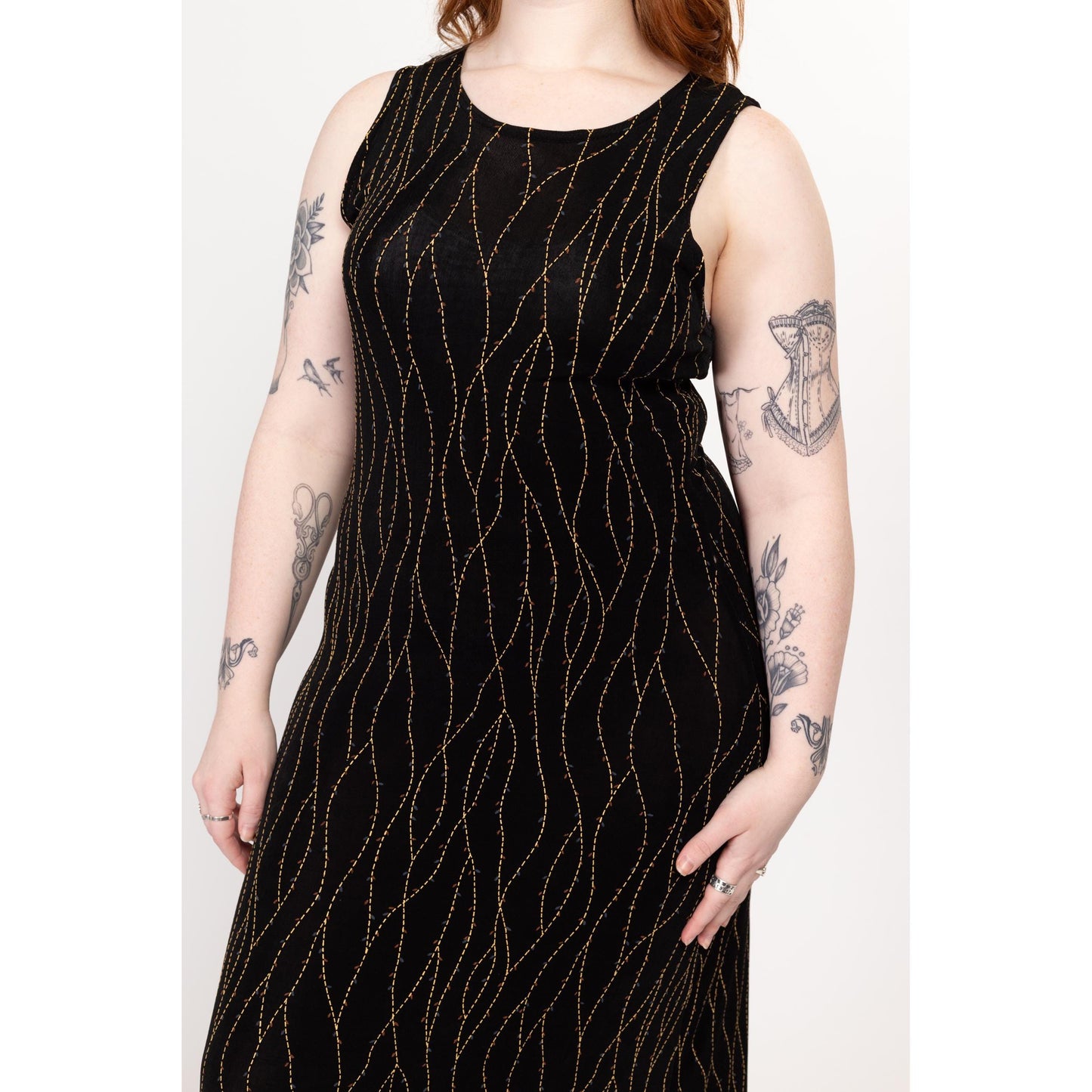 Medium 90s Slinky Black Vine Print Maxi Tank Dress | Vintage Sleeveless Stretchy Minimalist Grunge Dress