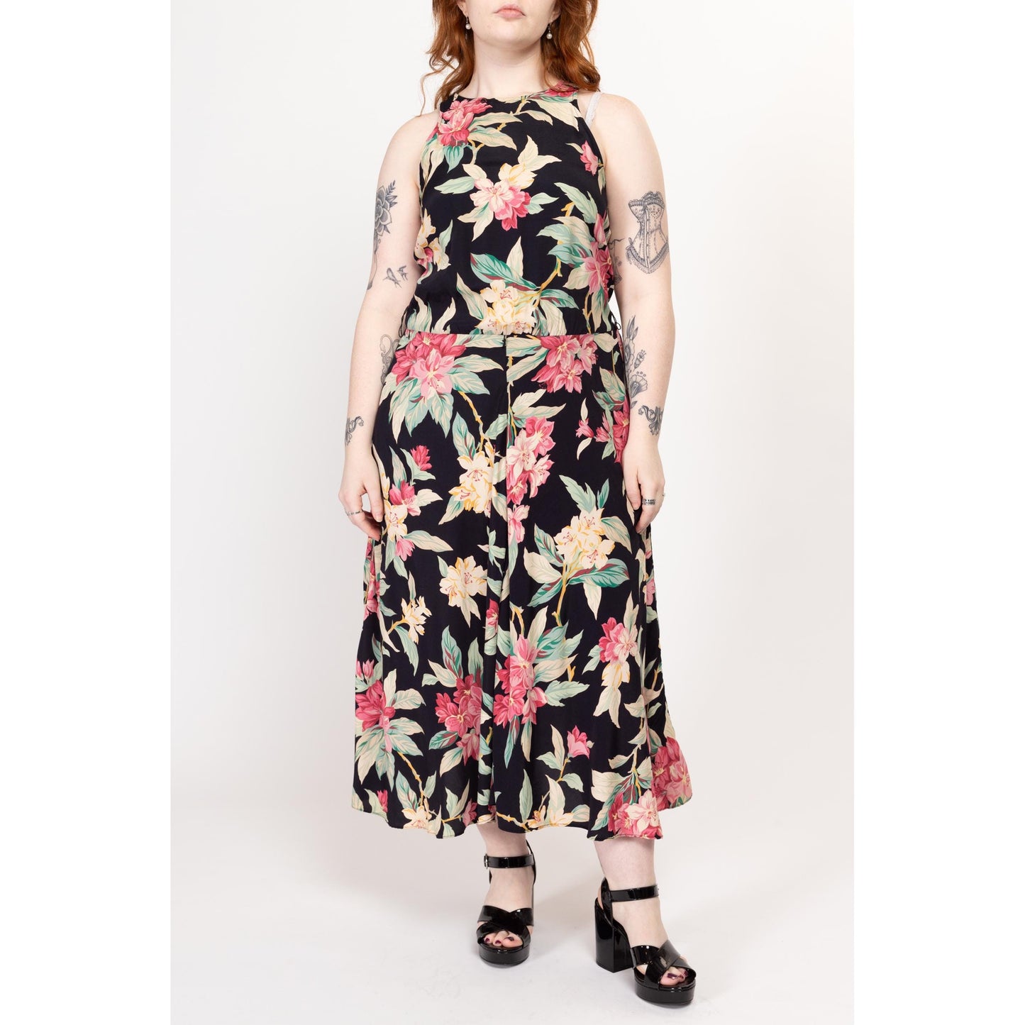 Large 90s Black Tropical Floral Rayon Maxi Sundress | Vintage Sleeveless Racerback Boho Grunge Dress