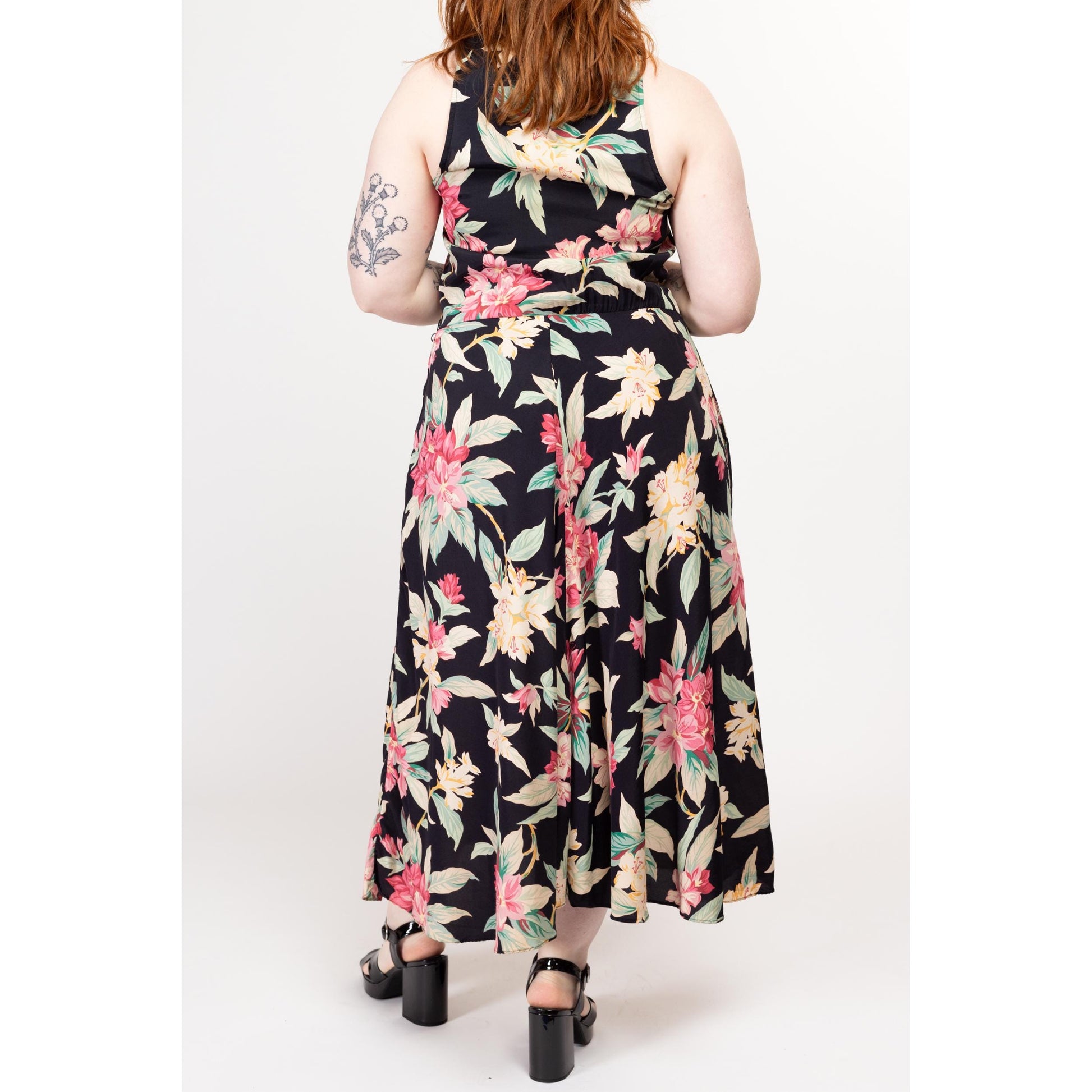 Large 90s Black Tropical Floral Rayon Maxi Sundress | Vintage Sleeveless Racerback Boho Grunge Dress