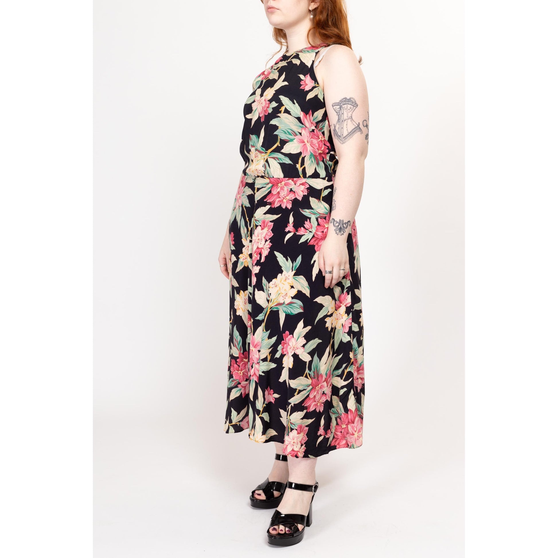 Large 90s Black Tropical Floral Rayon Maxi Sundress | Vintage Sleeveless Racerback Boho Grunge Dress