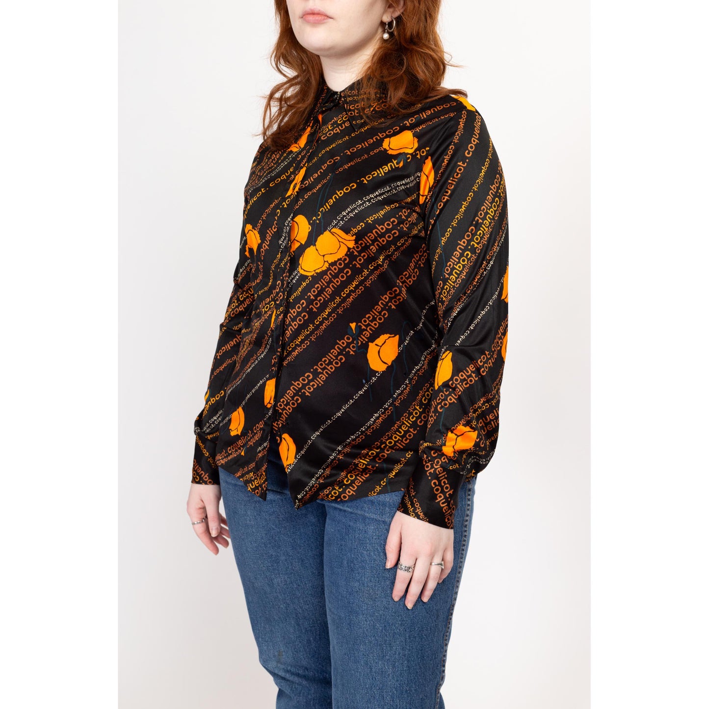 Large 70s Coquelicot Poppy Novelty Print Shirt | Vintage Black & Orange Floral Pointed Collar Button Up Top