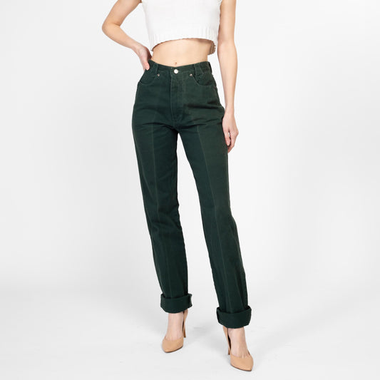 Small 90s Roughrider Forest Green Western Jeans 26.5" Tall | Vintage Circle T Long Inseam High Waisted Denim Tapered Leg Mom Jeans