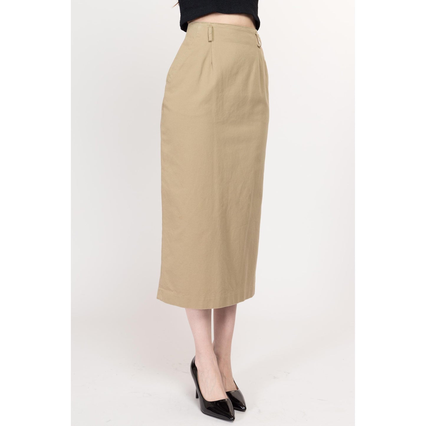 XS 80s Minimalist Khaki Midi Skirt 24" | Vintage High Waisted Straight Fit Cotton Pencil Skirt