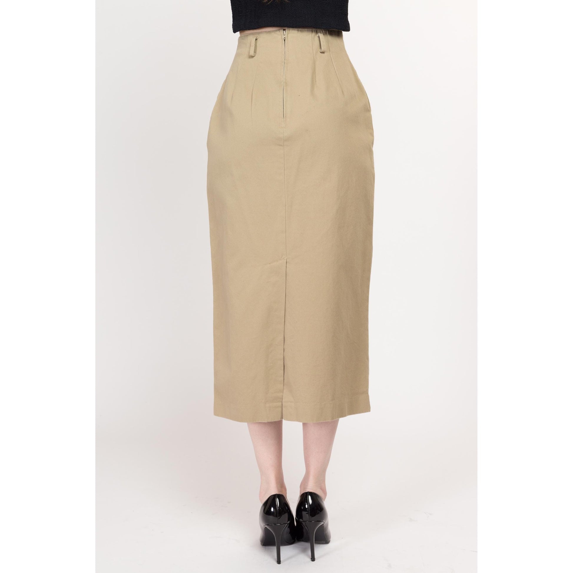 XS 80s Minimalist Khaki Midi Skirt 24" | Vintage High Waisted Straight Fit Cotton Pencil Skirt