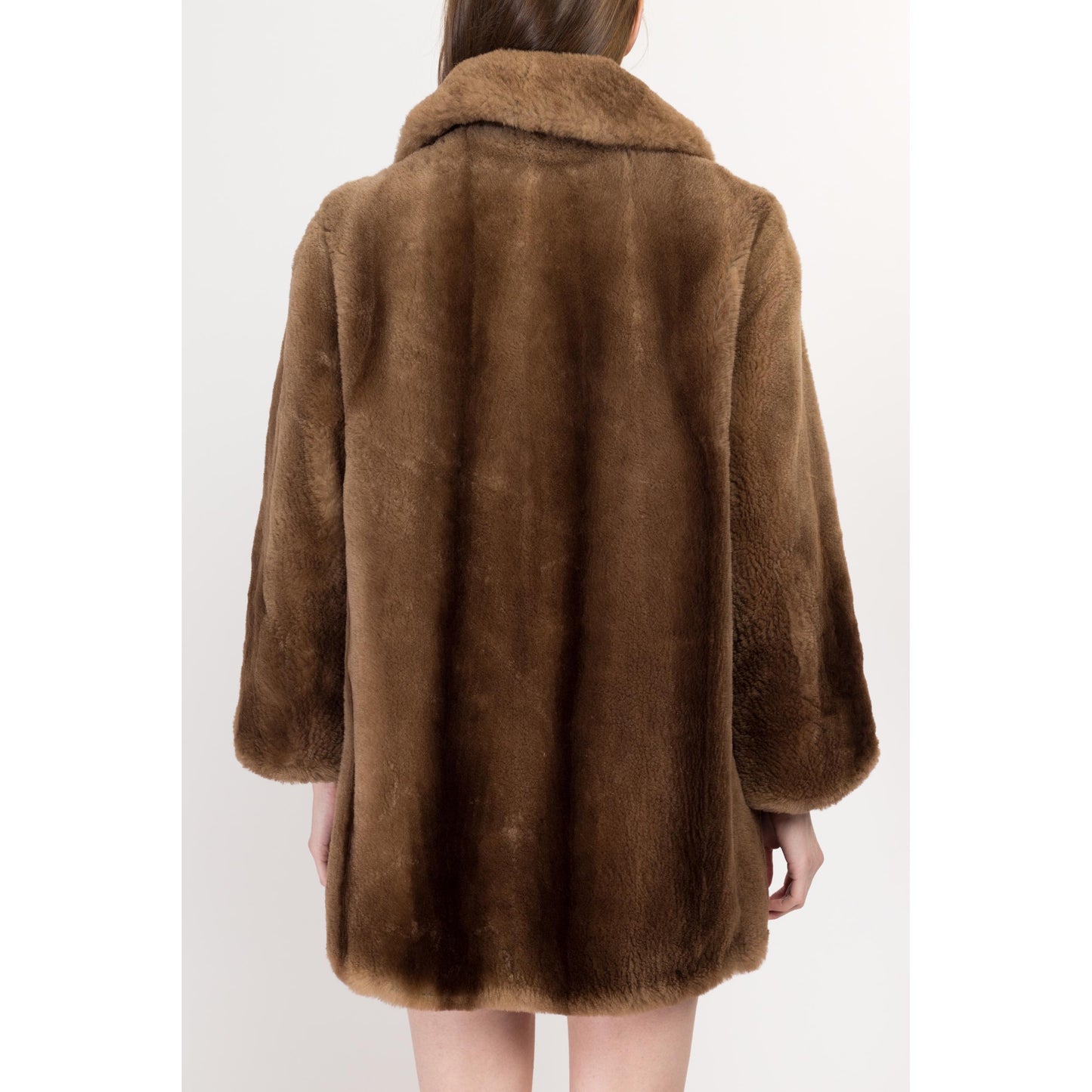 Small 1950s Brown Fur Teddy Bear Swing Jacket | Vintage 50s 60s Collared Sheared Beaver Fur Winter Coat