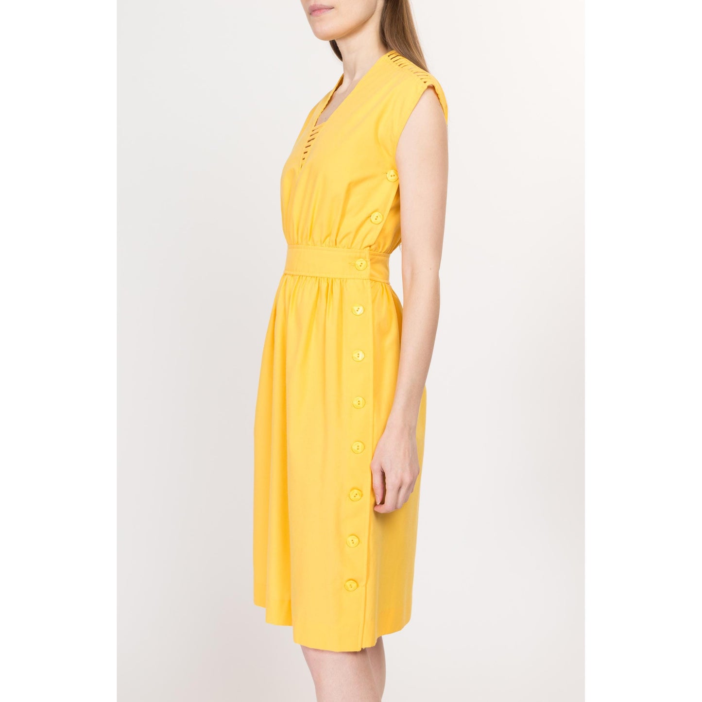 XS 70s Yellow Cage Shoulder Midi Dress | Vintage V Neck Cap Sleeve Fit Flare Shirtdress