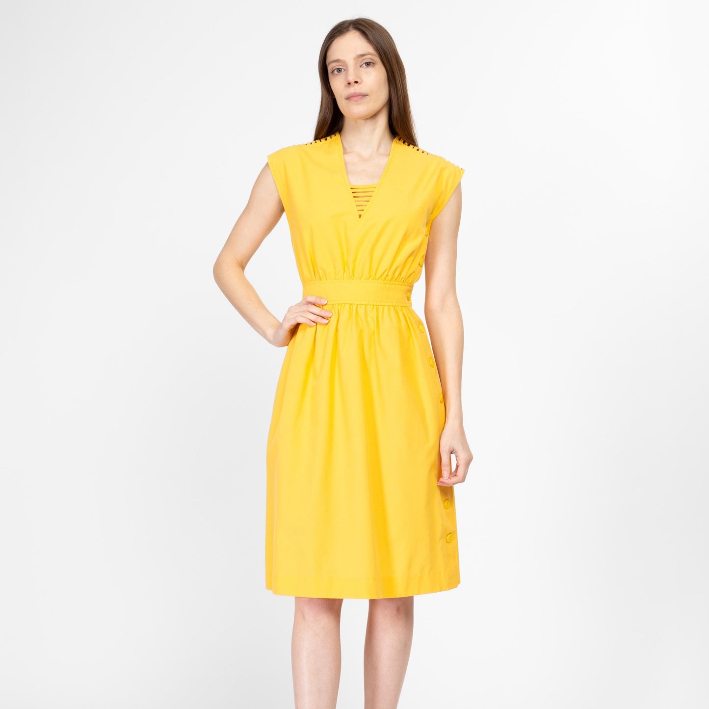 XS 70s Yellow Cage Shoulder Midi Dress | Vintage V Neck Cap Sleeve Fit Flare Shirtdress