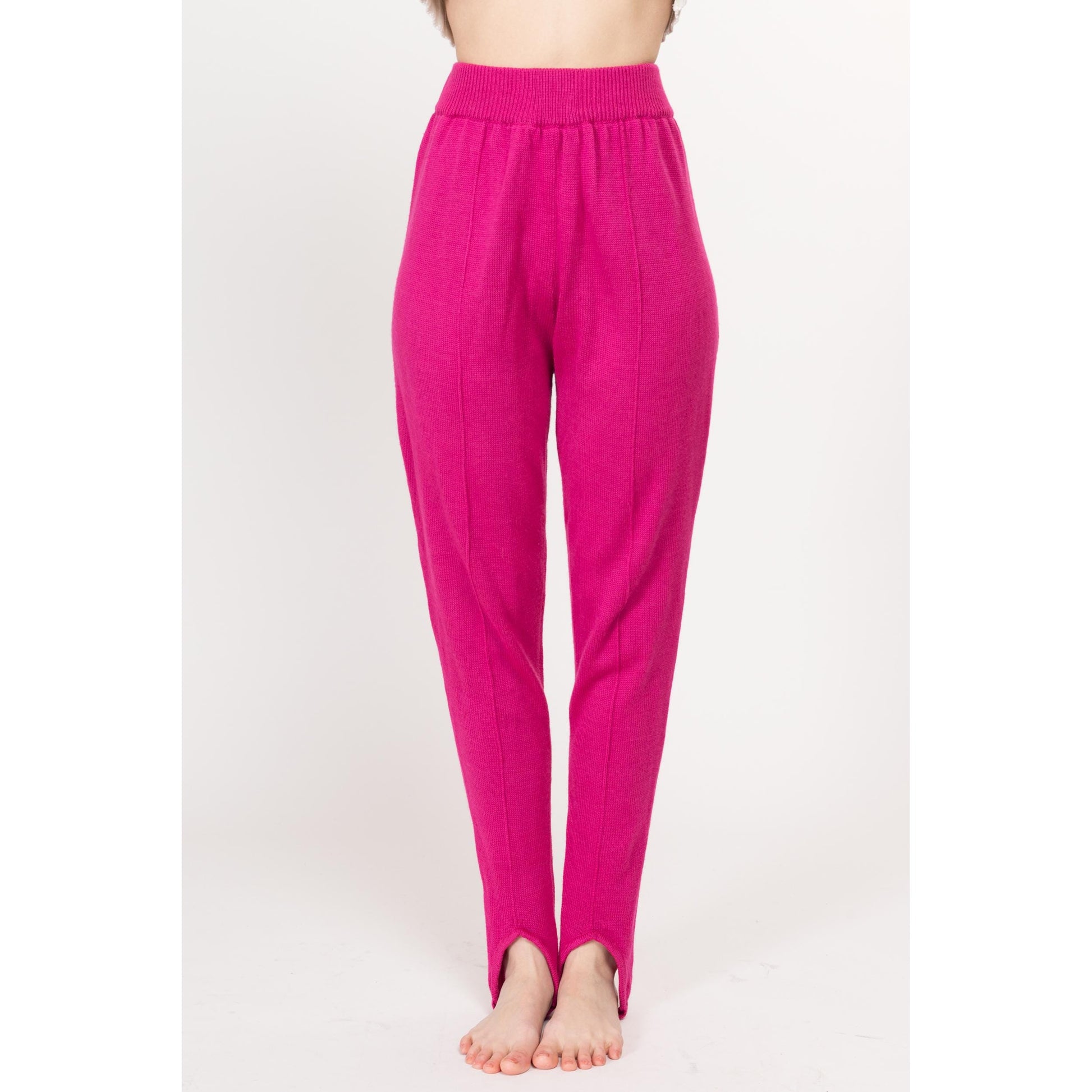 Small 80s Hot Pink Knit Stirrup Lounge Pants | Vintage High Waisted Tapered Leg Legging Pants