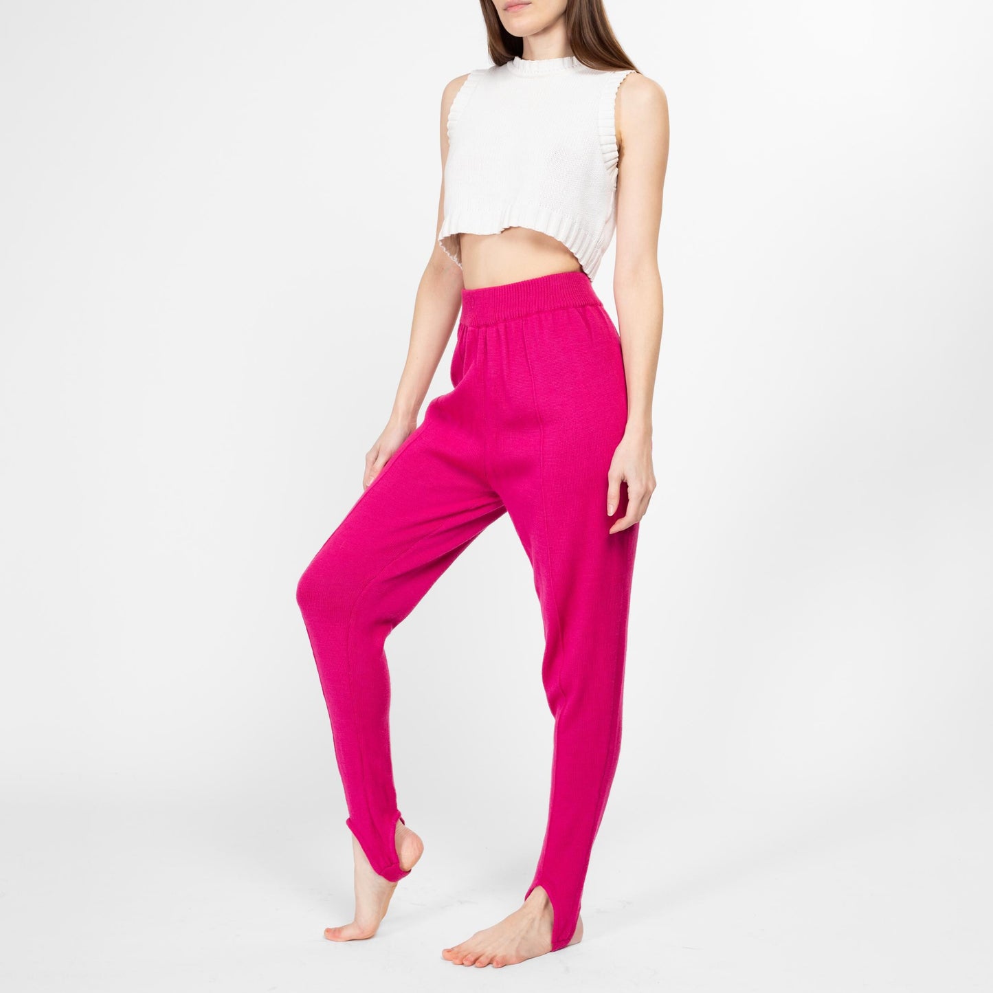 Small 80s Hot Pink Knit Stirrup Lounge Pants | Vintage High Waisted Tapered Leg Legging Pants