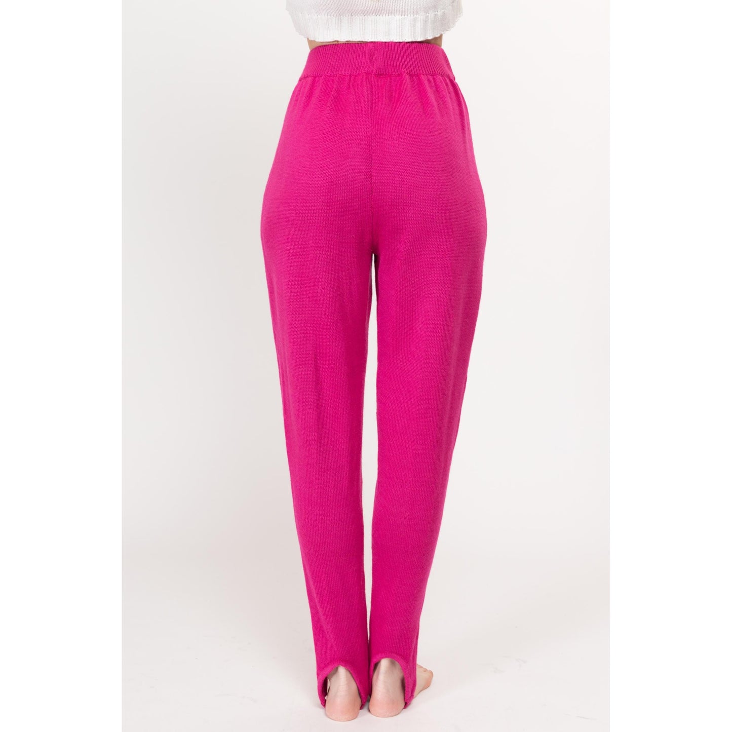 Small 80s Hot Pink Knit Stirrup Lounge Pants | Vintage High Waisted Tapered Leg Legging Pants