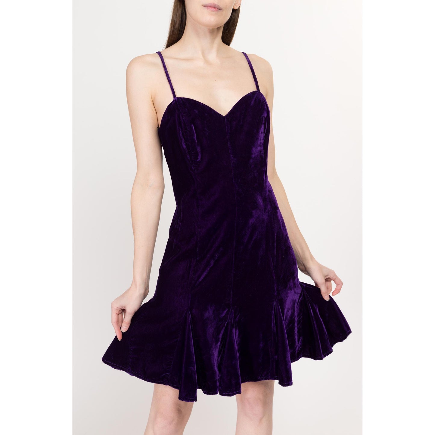 Small 80s Royal Purple Velvet Party Dress Size 6 | Vintage Fit & Flare Sweetheart Neck Mini Prom Dress