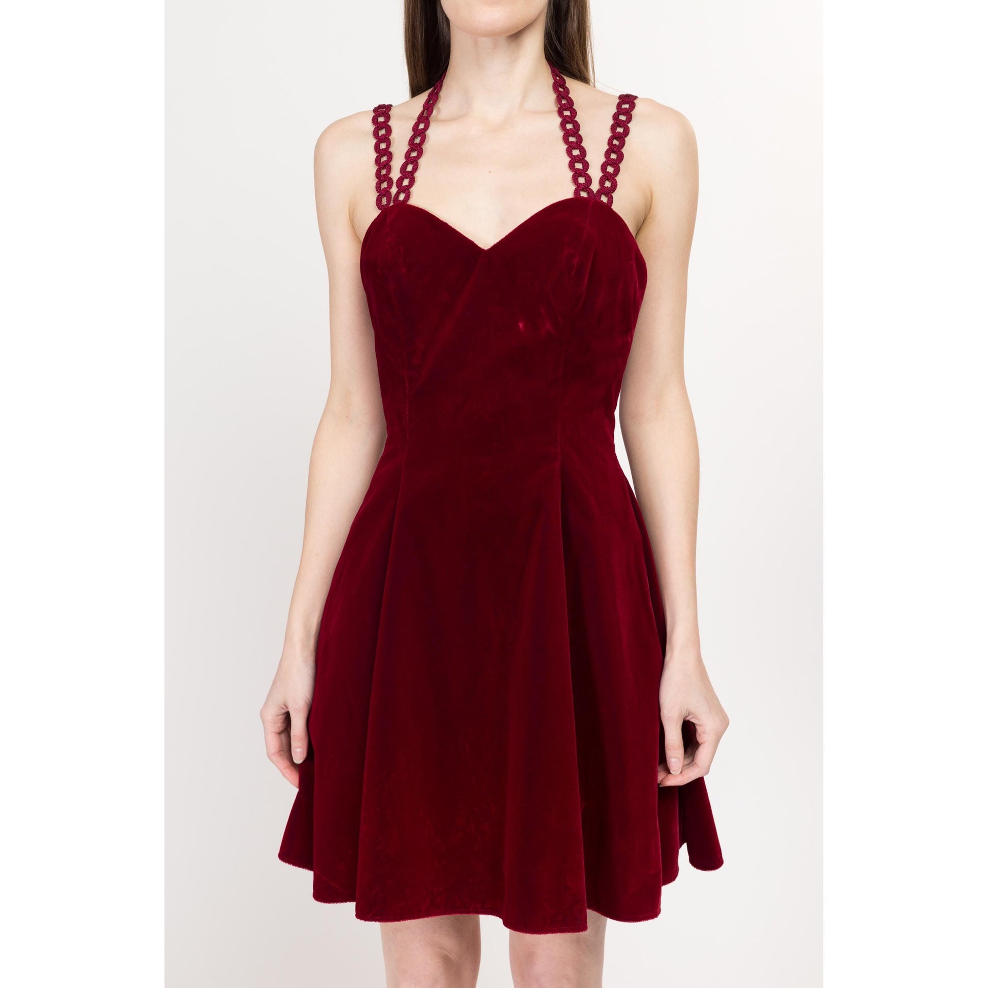 Small 80s Oxblood Red Velvet Chain Strap Party Dress | Vintage Zum Zum Low Back Sweetheart Neck Fit & Flare Mini Dress